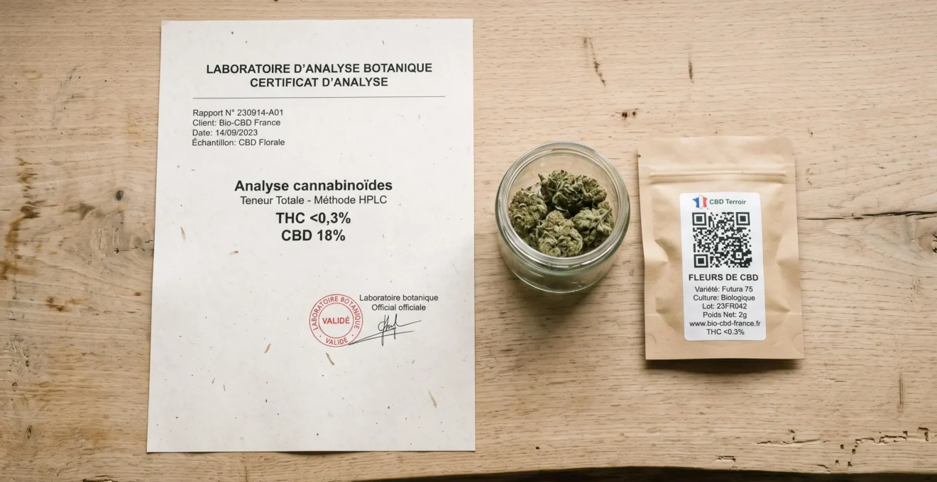 Certificat d'analyse laboratoire en français indiquant taux THC inférieur à 0,3% et CBD 18%, posé sur comptoir avec fleurs CBD et packaging traçable