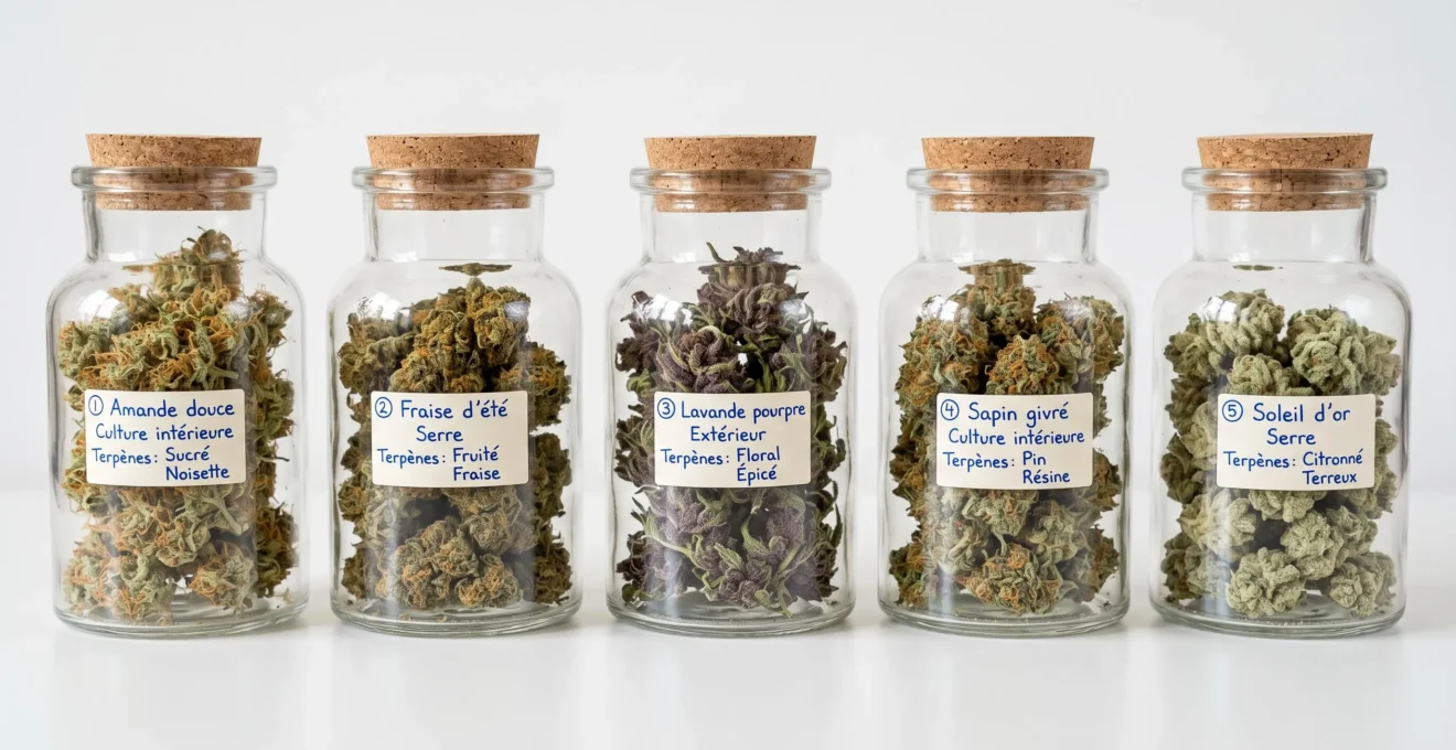 Cinq bocaux en verre alignés contenant différentes variétés de fleurs CBD avec étiquettes en français indiquant type de culture indoor, greenhouse ou outdoor
