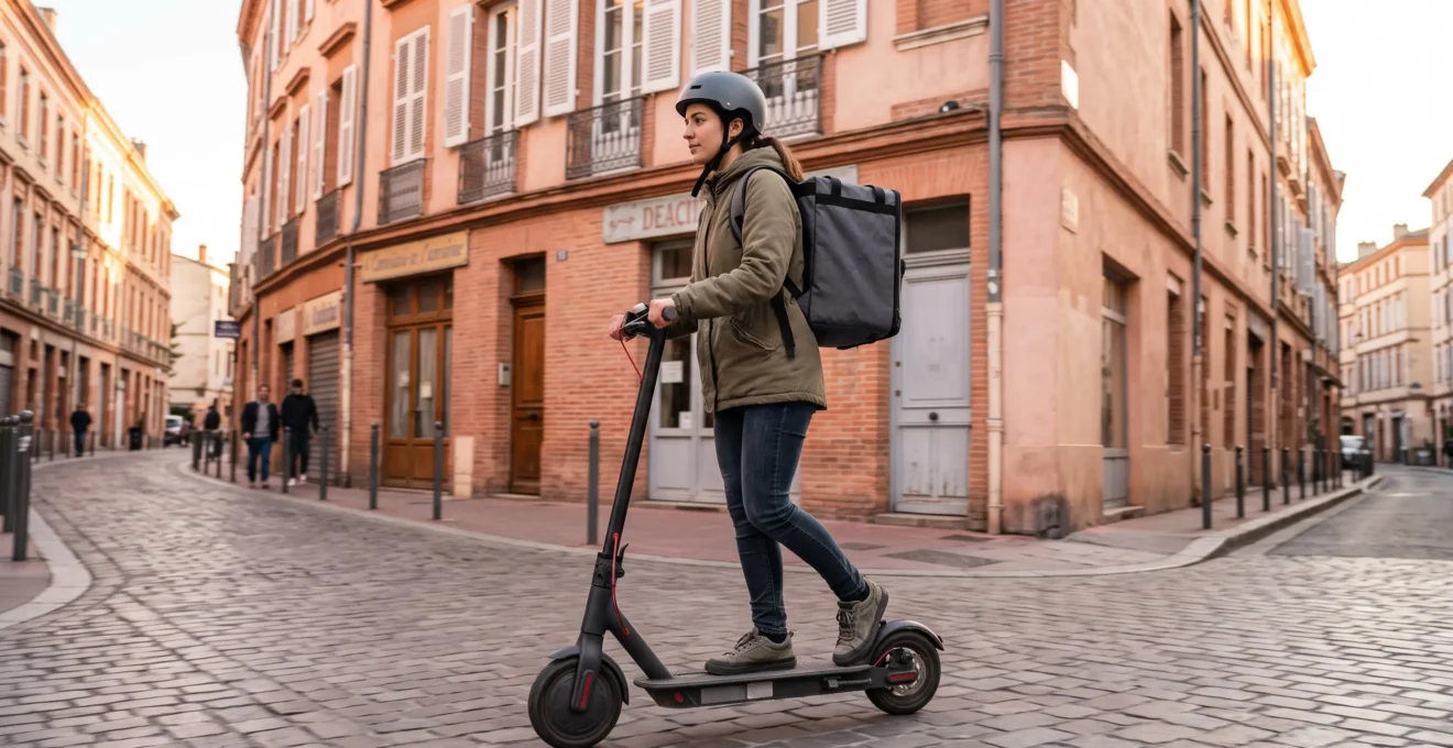 Coursier sur trottinette électrique livrant un colis discret dans une rue de Toulouse avec façades en briques roses typiques