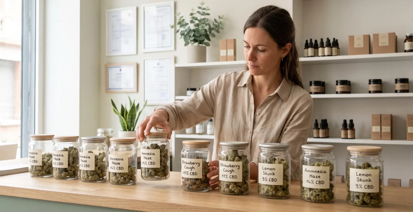 Intérieur d'une boutique CBD à Toulouse avec vendeur arrangeant des bocaux de fleurs CBD certifiées sur un comptoir en bois clair, certificats d'analyse visibles au mur